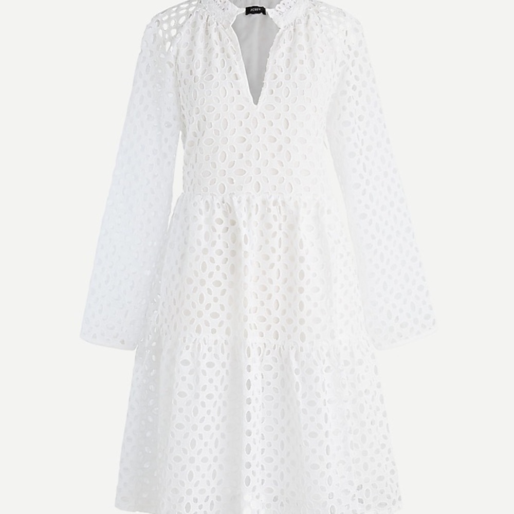 J. Crew White Tiered Popover Dress in Embroidered Eyelet, Size Small